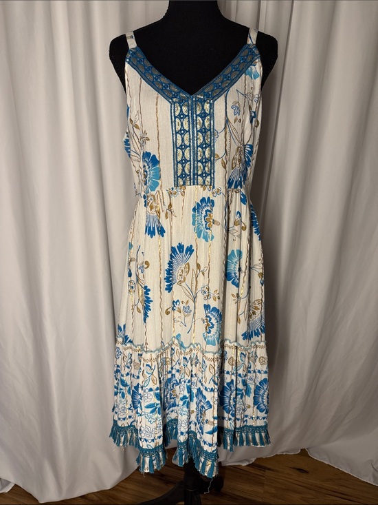 Me 2 Magic Dresses & Skirts - Blue & White Floral Midi Dress with Embroidered V-Neck